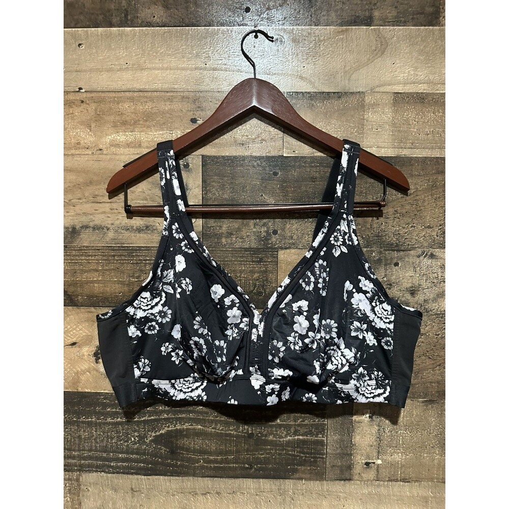 Cacique 46DD Wire Free Floral Black White Bra Womens Plus Size